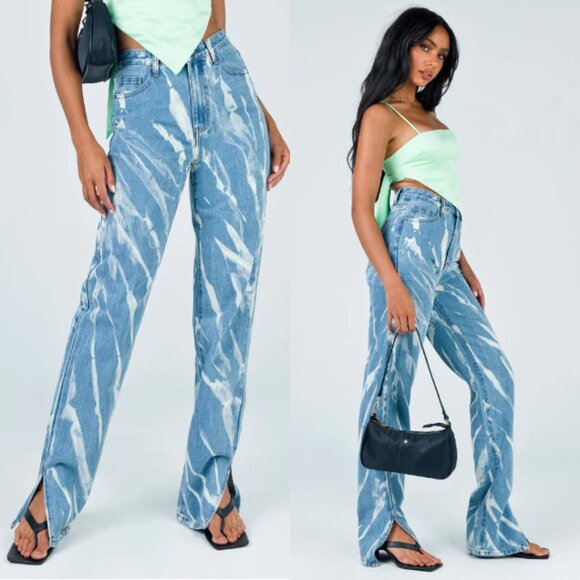 Lioness 'Alabama' High Rise Straight Leg Bleach Tie Dye Split Hem Jeans - Picture 1 of 11
